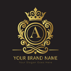 Letter Luxury brand logo design with a royal gold crown emblem and elegant typography
