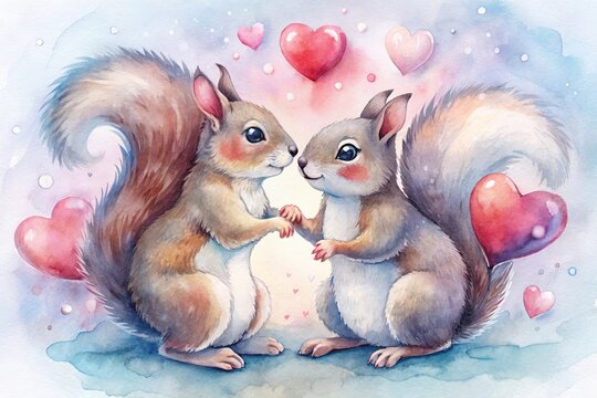 Adorable Squirrel Couple in Love - Two cute squirrels holding paws, surrounded by hearts, symbolizing love, romance, affection, tenderness, and Valentine's Day.