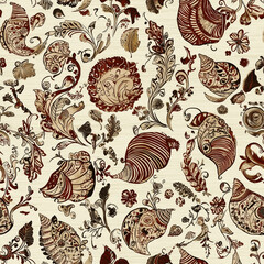 A vintage floral pattern featuring intricate shells and leaves in rich red and brown tones on a light background.