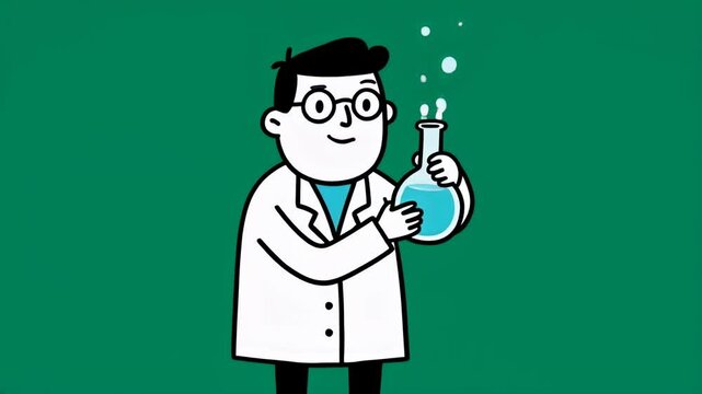 Cartoon Scientist Holding Beaker Animated Loop Video, Scientist Carefully Examines a Liquid Sample in a Lab Setting, with Animated Bubbles