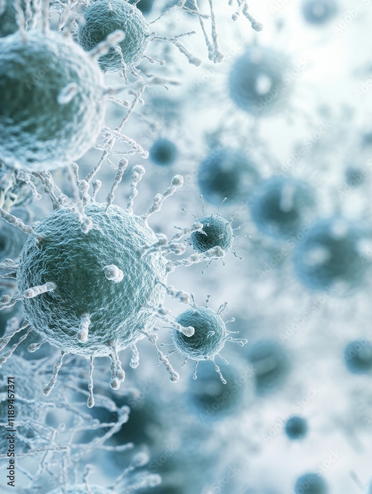 Poster close up view of microbes found on common surfaces such as smartphones and door handles. generative 