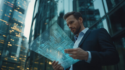 Businessman Reviewing a Commercial Property Brochure with Digital Market Graphs Highlighting Global Property Price Changes