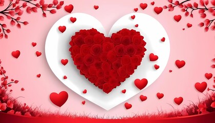 White Heart with Red Roses and Scattered Hearts on Pink Valentine's Day Background
