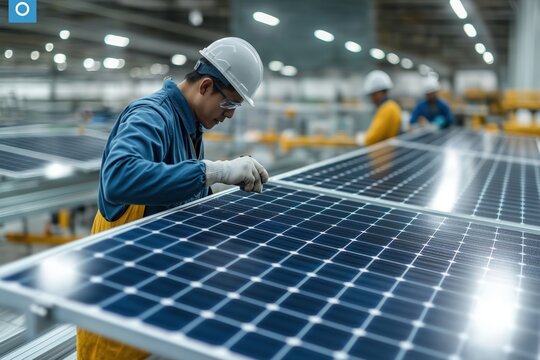 Workers inspect solar panel production line in factory. Engineers check quality control in modern plant. Eco-friendly tech production facility. Sustainable energy manufacturing. Future renewable