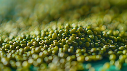 Fresh green mung beans close-up with selective focus, natural organic legumes background for healthy eating and vegetarian food concepts.