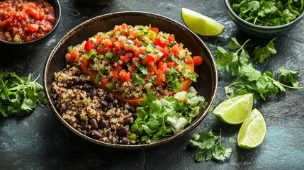 Colorful stuffed bell pepper with quinoa black beans salsa