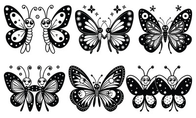 a cute cartoon illustration of two butterflies sitting side by side, facing each other with happy and friendly expressions.