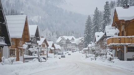 Charming winter village scene on a snowy christmas day filled with festive decorations and joy