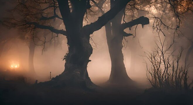 Spooky tree and smoke in horror forest Fog among the dark tree trunks Creepy night autumn forest landscape Horror scene mysterious atmosphere haunted woods Halloween 4K
