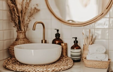 洗面台の上にあるシンプルな陶器の洗面ボウルと温かみのあるアクセサリー