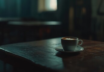 Fototapeta premium 暗いカフェで木のテーブルの上に置かれたコーヒーカップと白いソーサー