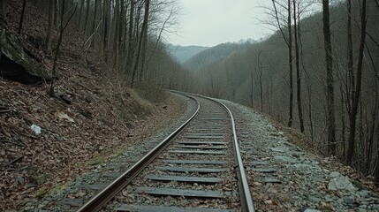 Fototapeta premium A winding railway track stretches through a barren forest, flanked by trees and rocky terrain under a muted sky.
