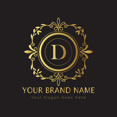 Naklejka premium Letter Luxury brand logo design with a royal gold crown emblem and elegant typography 