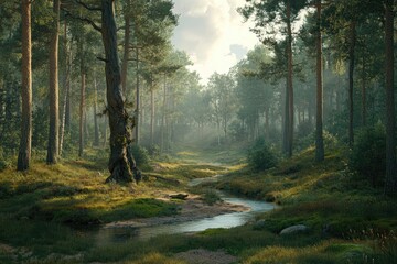 Obraz premium Serene forest stream, sunlight dappling trees, peaceful nature scene, ideal for relaxation