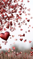 Obraz premium Red leaves form a heart-shaped tree against a pink sky, while floating hearts enhance the romantic Valentine's Day vibe and warm glow