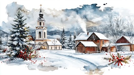 Church in village and winter forest covered by heavy snow.