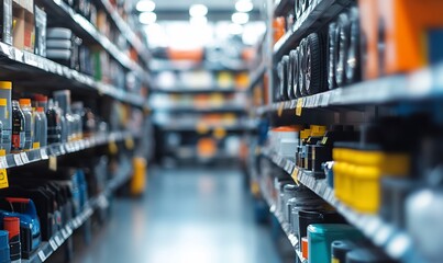 Well-stocked aisle in an auto parts store, showcasing various automotive products.