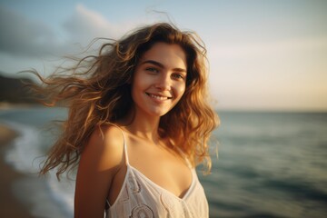 Fototapeta premium Portrait of the smiling caucasian female with wind fluttering hair on summer beach at sunset close up. Health, relaxation, travel concept