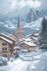 Church in village and winter forest covered by heavy snow.