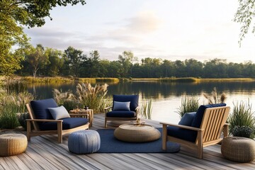Fototapeta premium Lakeside patio furniture set with blue cushions on wooden deck at sunset.
