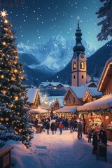 Church in village and winter forest covered by heavy snow.