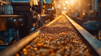 Industrial extraction process shows rare earth elements on conveyor belt. Metal parts of industrial machine, golden granules of precious rare earth minerals visible. Factory setting at golden hour.