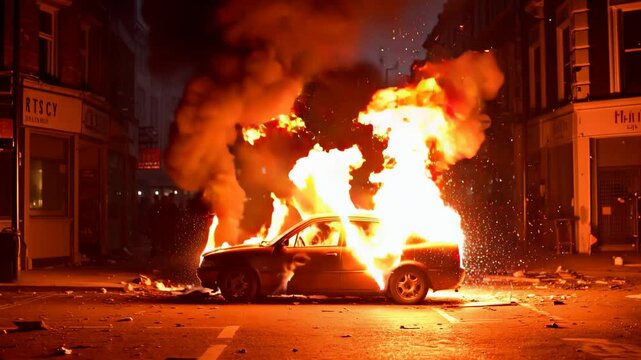 Burning Car engulfed in Flames at Night in City Street - Urban Fire Disaster Chaos Riot Violence Emergency Destruction