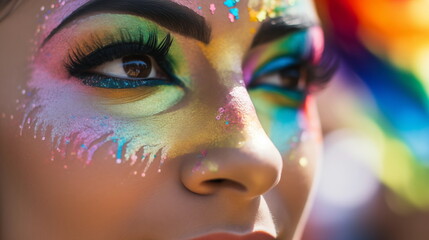 Pride theme, a close up of a person's face painted with rainbow color, LGBTQ+  