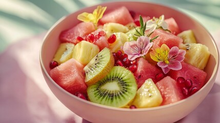 Fruit salad bowl with watermelon pineapple kiwi and pomegranate