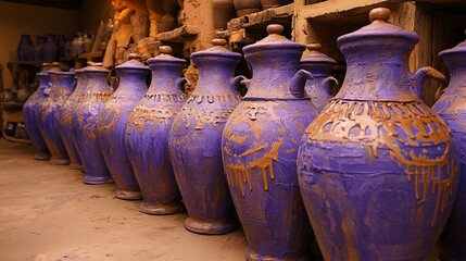 Obraz premium Row of Purple and Brown Clay Jugs Pottery Workshop