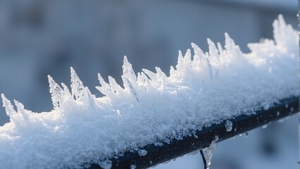 Serene frost crystals on metal railing glowing under morning light creating a wintry scene