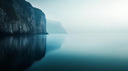 The tranquil ocean reflects steep cliffs shrouded in gentle dawn mist, creating a peaceful ambiance...