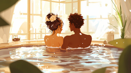 Savor the indulgence of a sumptuous chocolate spa getaway where patrons bathe in rich, decadent chocolate while sharing delightful moments with a cute companion. Sunmist. Illustration