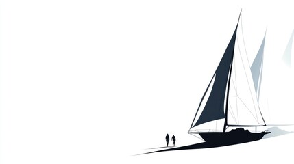 Silhouette of sailboat and people on beach, minimalist nautical art.