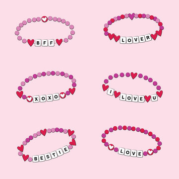 Valentine Friendship Bracelet Illustration. Valentine's Day themed bracelets. Vector set of love and best friend design set.