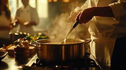 Naklejka premium Chef stirring a large pot of steaming soup in a professional kitchen.