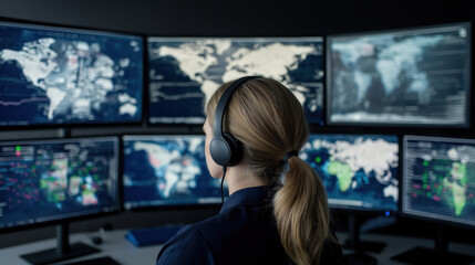 Focused analyst in headset monitors global trends. Multiple screens display maps, data visualizations. Professional in office environment. Data analysis in progress. Global information. Tech