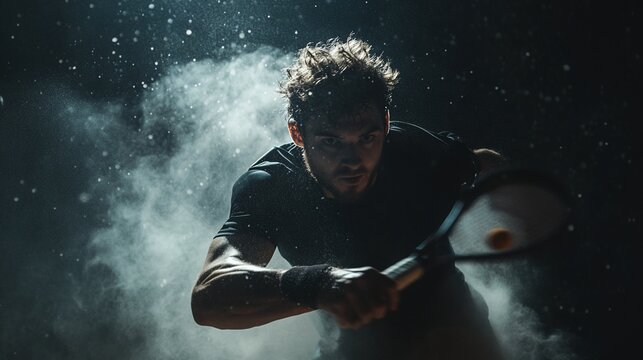 Intense squash player in action, dark background, dramatic lighting, dust particles.
