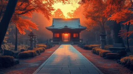 Obraz premium Serene sunrise illuminating a traditional Japanese temple gate, surrounded by autumn foliage and mist.