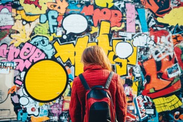 Naklejka premium A person with a red backpack stands in front of a vibrant graffiti wall