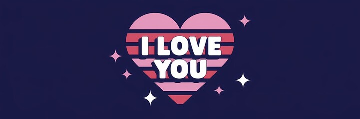 A creative minimalist Valentines Day poster design with a retro dark theme. There is a heart with the text "I love you" inside it. The heart is made of pink and red stripes. 