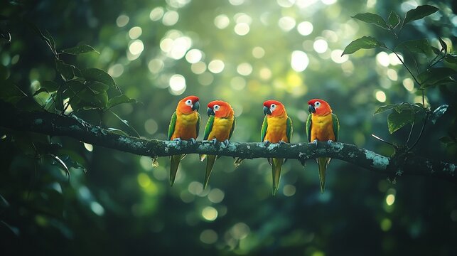 Four sun parakeets perched on a branch in a lush forest.