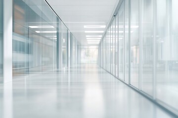 Modern office hallway with glass walls and bright lighting.