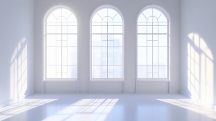 Sunlit minimalist room with three arched windows.