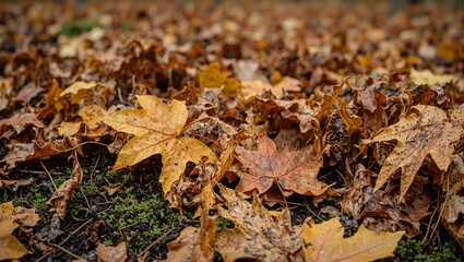 Fototapeta premium Vibrant autumn leaves covering forest floor with moss peeking through