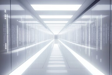 long corridor of modern data center with rows of illuminated servers on both sides under bright white lights - obrazy, fototapety, plakaty