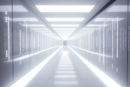 long corridor of modern data center with rows of illuminated servers on both sides under bright white lights