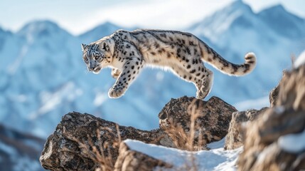 Obraz premium Majestic Snow Leopard Leaping Across Snowy Mountains