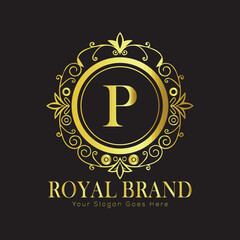 Letter Luxury brand logo design with a royal gold crown emblem and elegant typography
