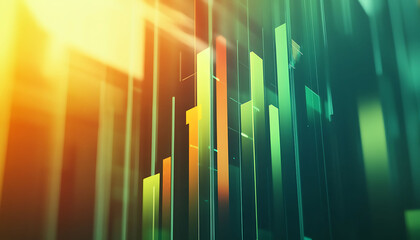 3D financial green graph charts, orange sunlight. startup business growing success concept background.